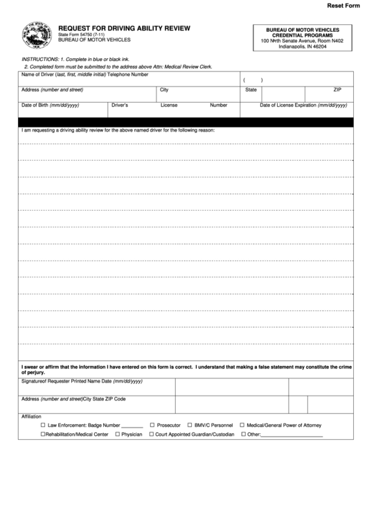 Fillable Form 54750 - Indiana - Request For Driving Ability Review Form Printable pdf