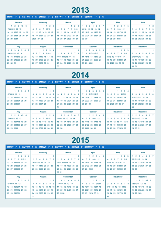 2013/2014/2015 Yearly Calendar - 36 Months Per Page, Portrait Printable pdf
