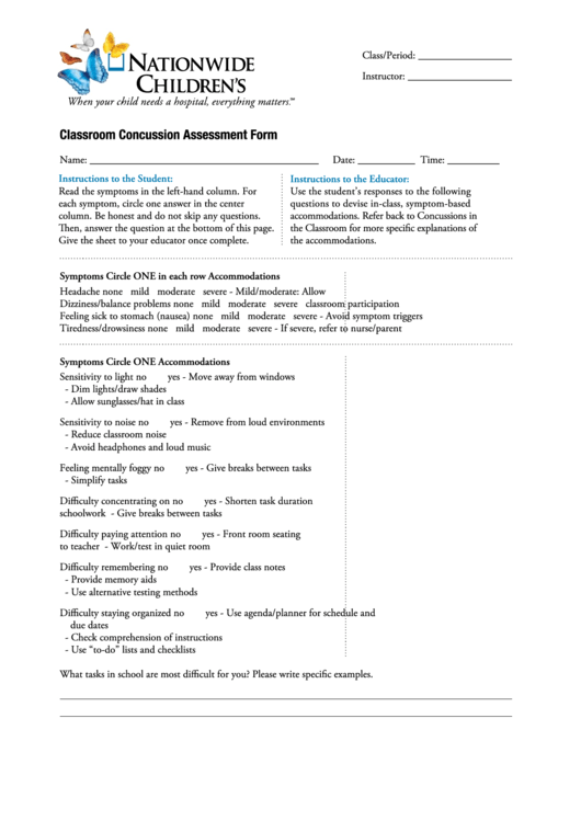 Classroom Concussion Assessment Form Printable pdf