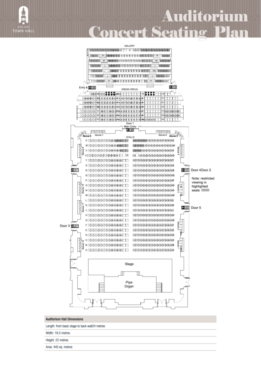 Auditorium Concert Seating Plan - Adelaide Town Hall Printable pdf
