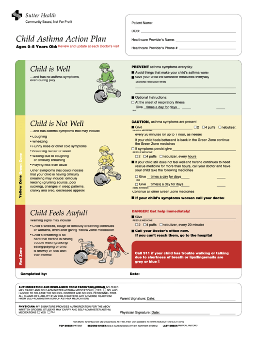 Child Asthma Action Plan For Ages 0 To 5 Years Of Age Printable pdf