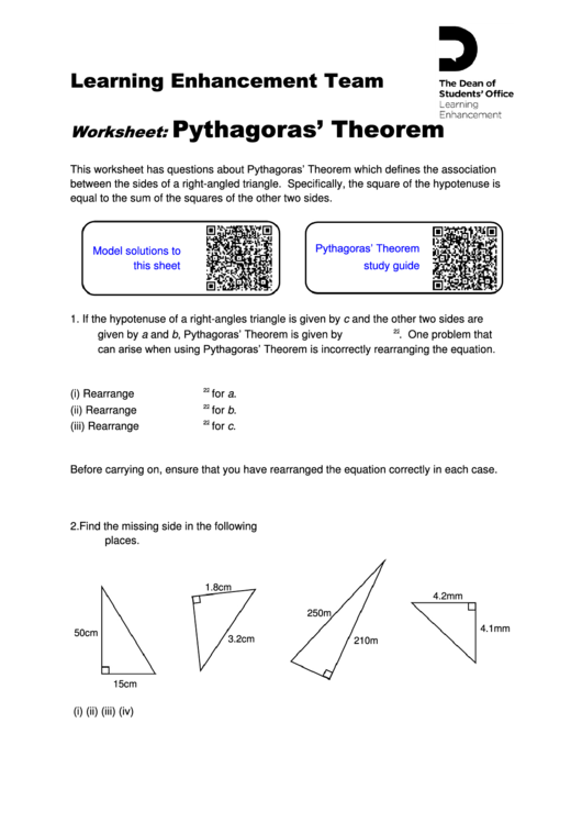 Pythagorean Theorem Worksheet Whole Numbers Printable pdf