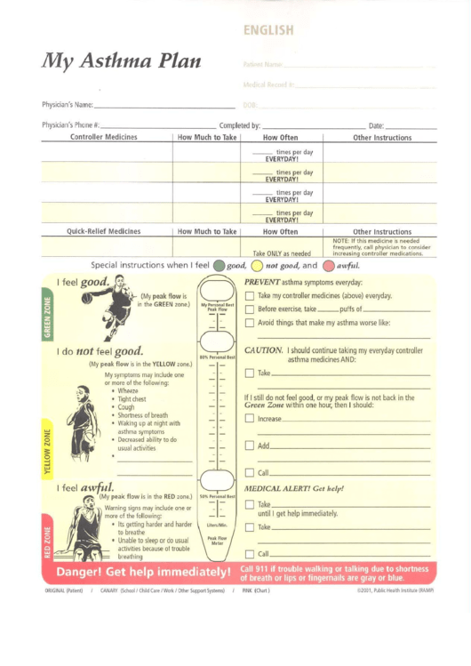 Adult Asthma Action Plan (English, Spanish, Chinese Forms) Printable pdf
