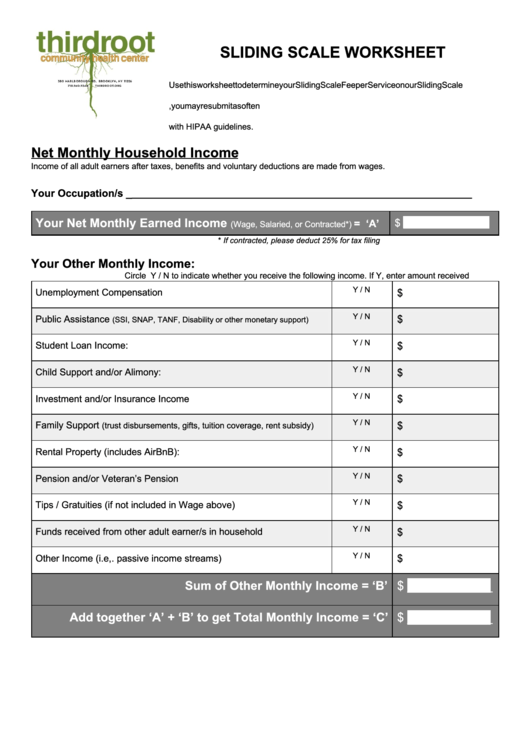 Sliding Scale Worksheet Printable pdf