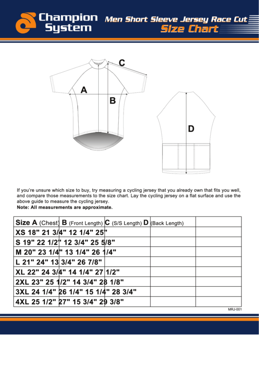 Champion System Men Short Sleeve Jersey Race Cut Size Chart Printable pdf