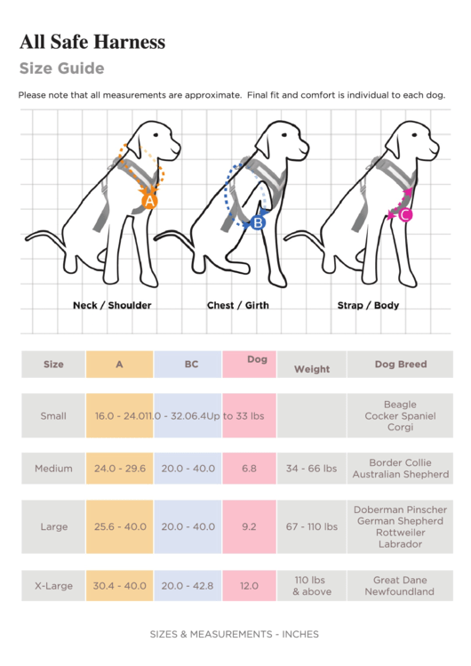 All Safe Harness Size Guide (For Dogs) Printable pdf