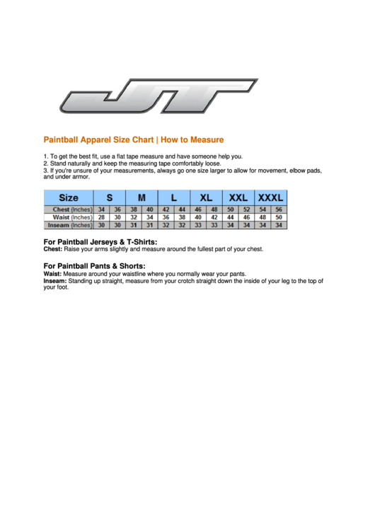 Jn Paintball Apparel Size Chart Printable pdf