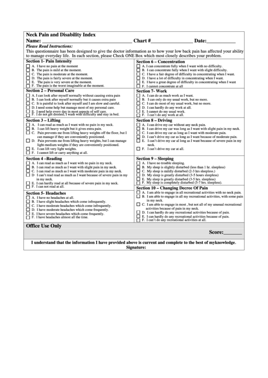 Neck Pain And Disability Index Printable pdf
