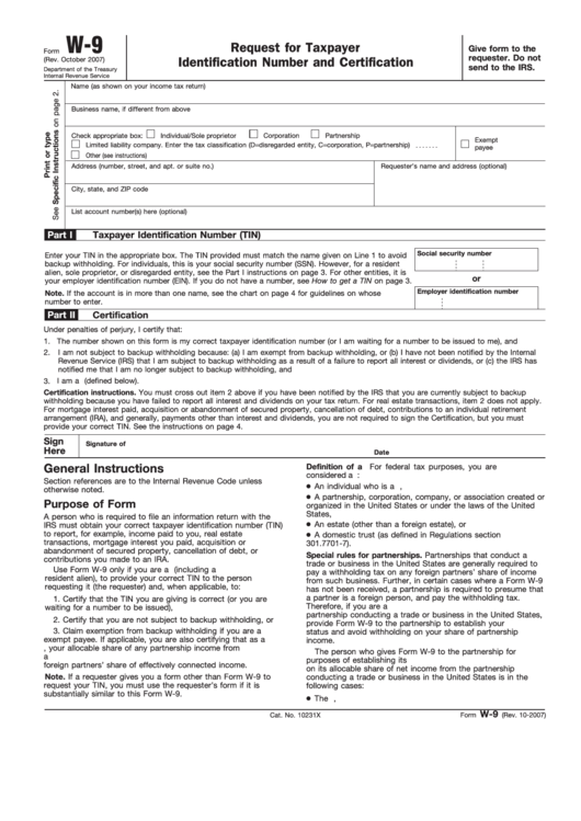 Fillable Form W-9 - Request For Taxpayer Identification Number And Certification - 2007 Printable pdf