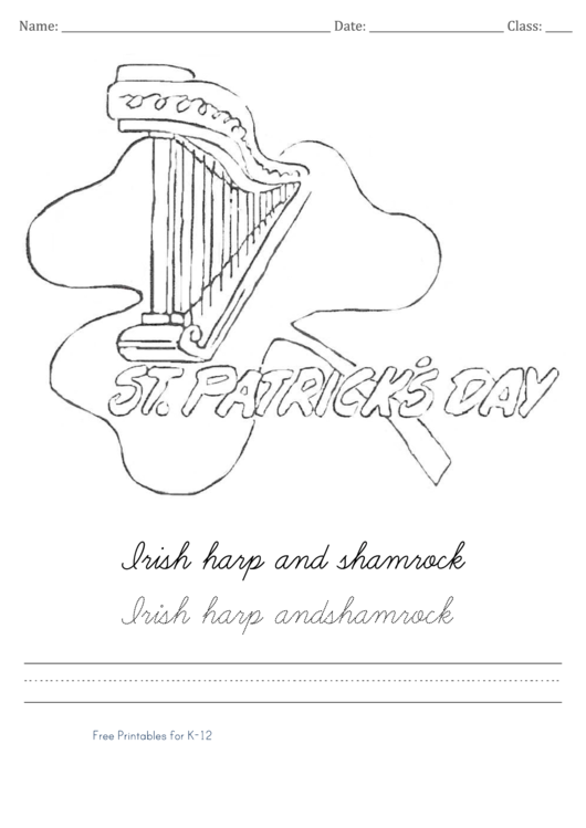 Irish Harp And Shamrock Cursive Practice Sheet Printable pdf