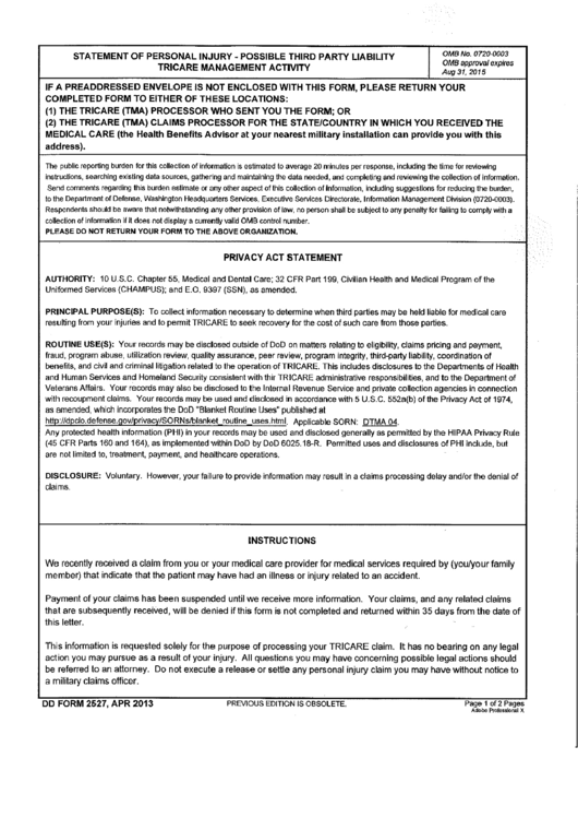Fillable Dd Form 2527 - Statement Of Personal Injury - Possible Third Party Liability, Tricare Management Activity - 2013 Printable pdf