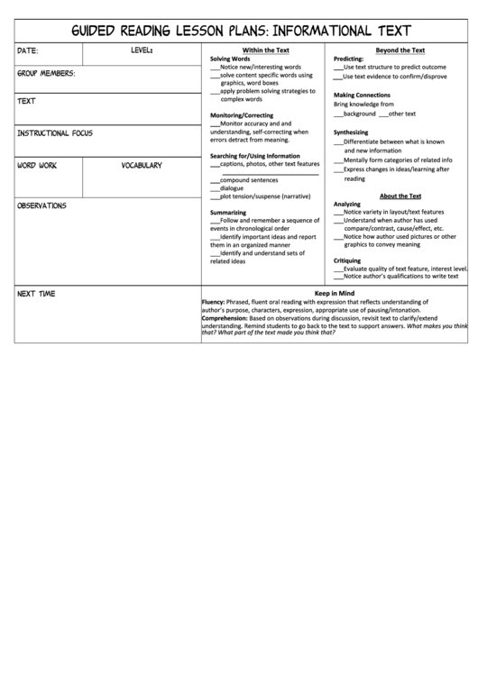Guided Reading Lesson Plan Template - Informational Text Printable pdf