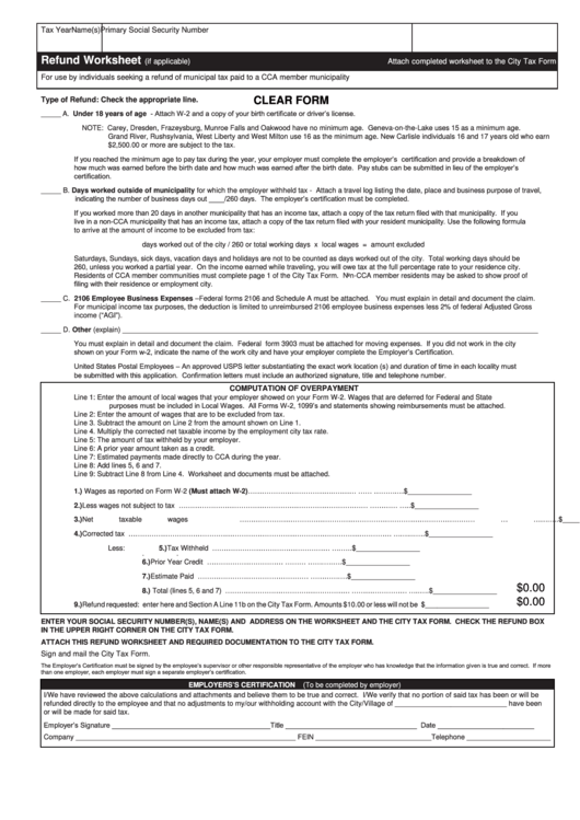 Fillable Application For Refund - Cca Printable pdf