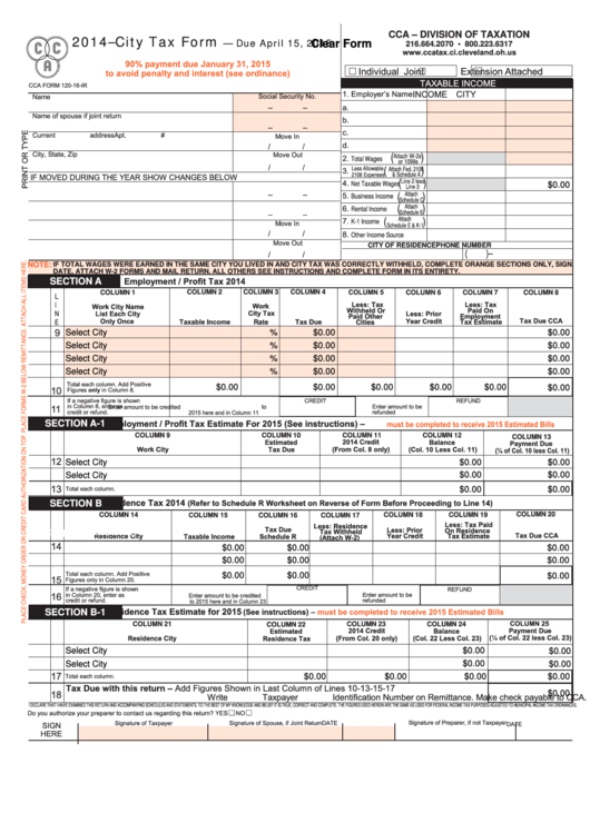 Fillable Cca Division Of Taxation 2014City Tax Form printable pdf