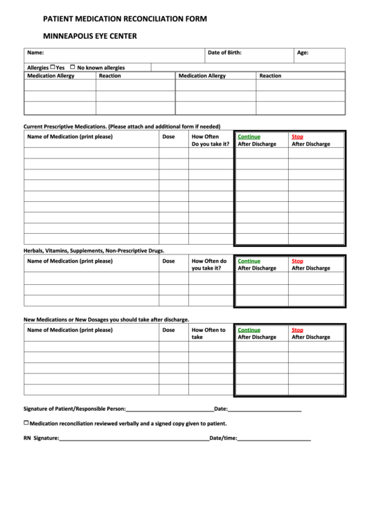 Form - Patient Medication Reconciliation (Sample) Printable pdf