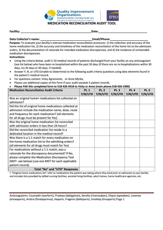 Medication Reconciliation Audit Tool Template Printable pdf