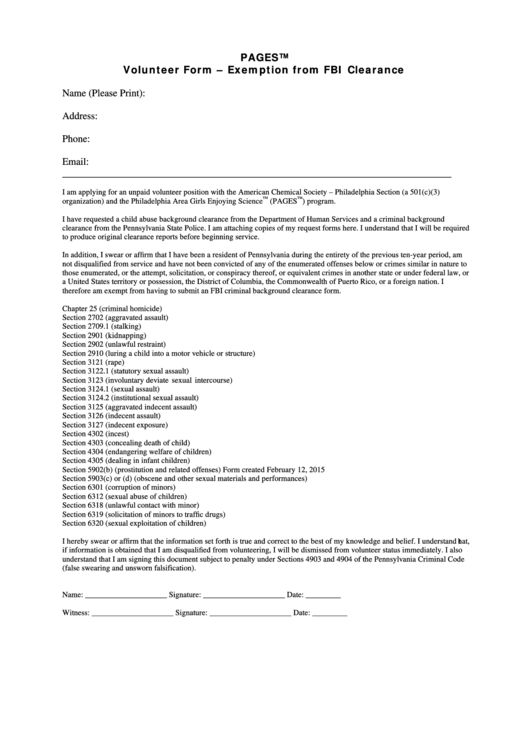Volunteer Form - Exemption From Fbi Clearance Printable pdf