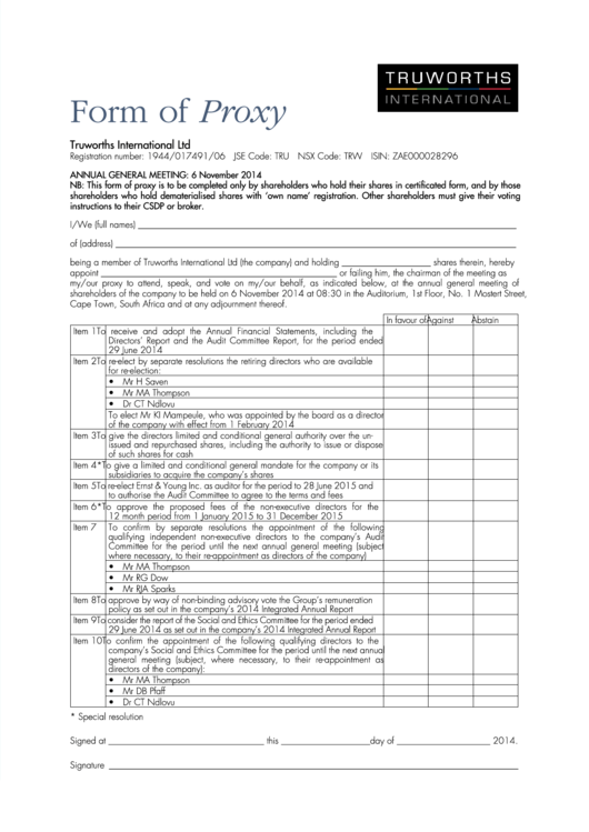 Proxy Form - Truworths Printable pdf