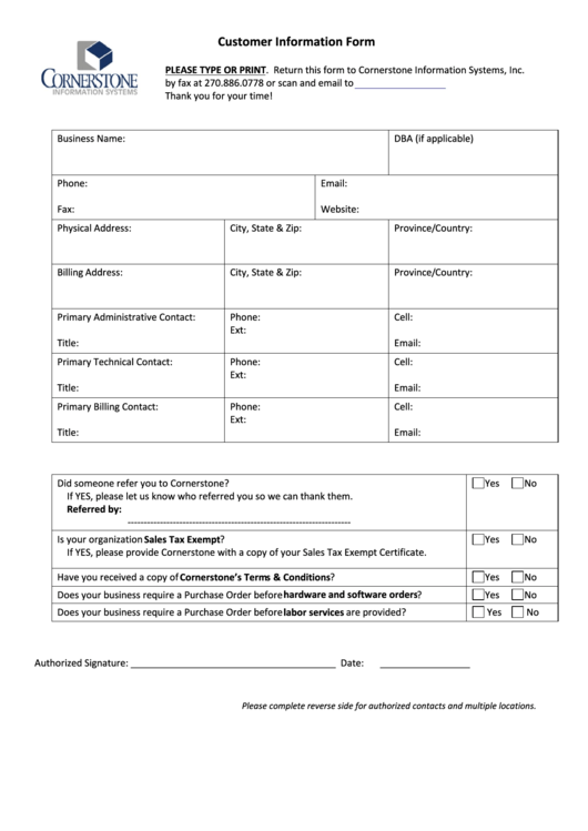 Customer Information Form - Cornerstone Information Systems Printable pdf