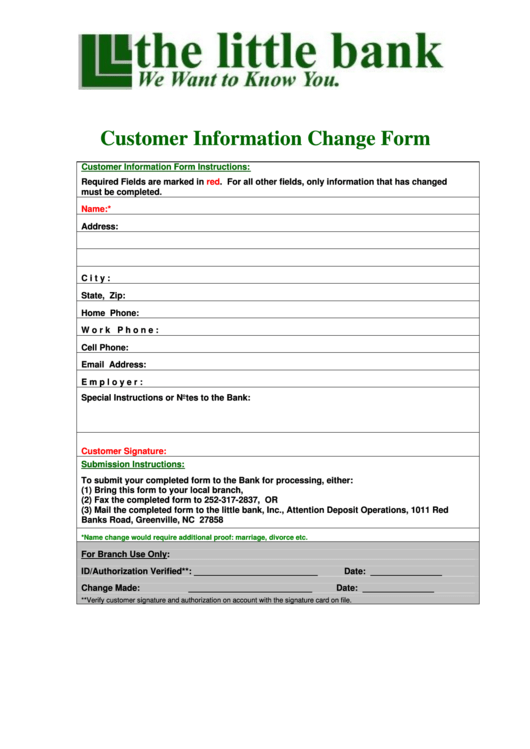 Customer Information Change Form - The Little Bank Printable pdf