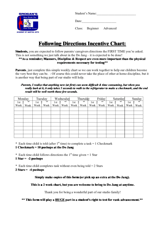 Following Directions Incentive Chart: Printable pdf