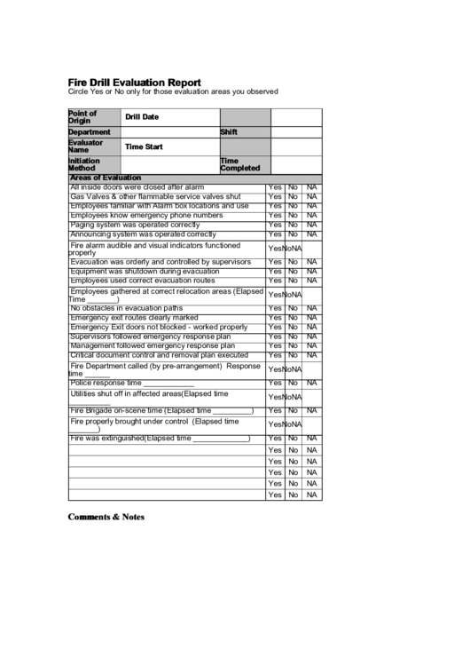 Fire Drill Evaluation Report Template Printable pdf