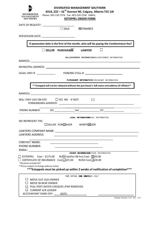 Fillable Estoppel Order Form Printable pdf