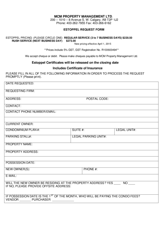 Fillable Estoppel Request Form Printable pdf