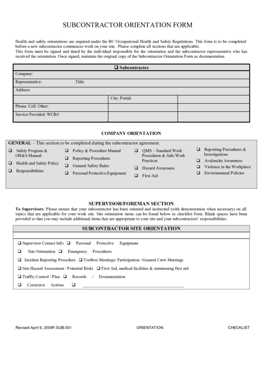 Subcontractor Orientation Form Printable pdf