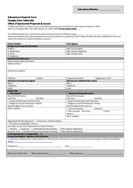 Fillable Subcontract Request Form Printable pdf