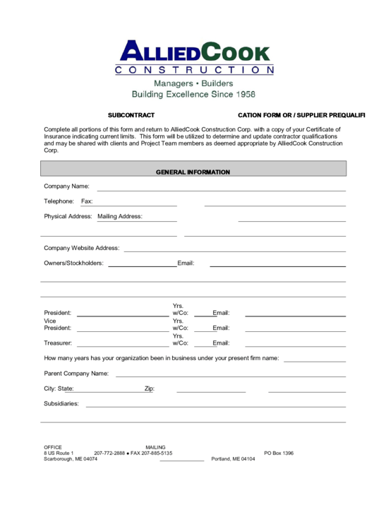 Subcontractor / Supplier Prequalification Form Printable pdf