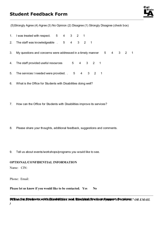 Fillable Student Feedback Form Printable pdf
