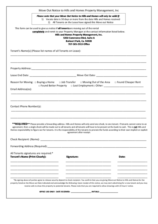 Move Out Notice To Hills And Homes Property Management, Inc printable ...
