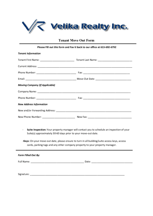 Tenant Move Out Form Printable pdf