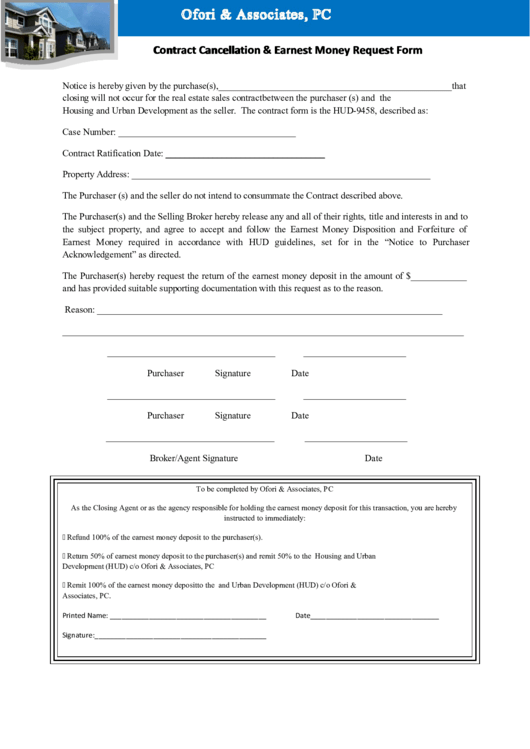 Contract Cancellation & Earnest Money Request Form Printable pdf