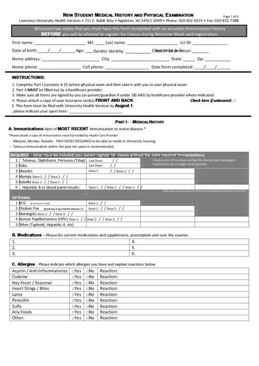 New Student Medical History And Physical Examination Form Printable pdf