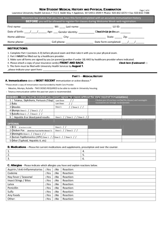 New Student Medical History And Physical Examination Form Printable Pdf 