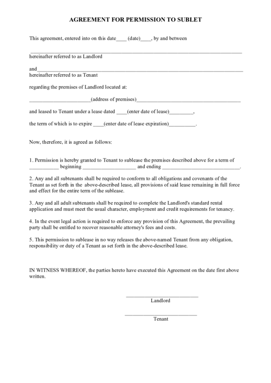 Agreement For Permission To Sublet Template Printable Pdf Download