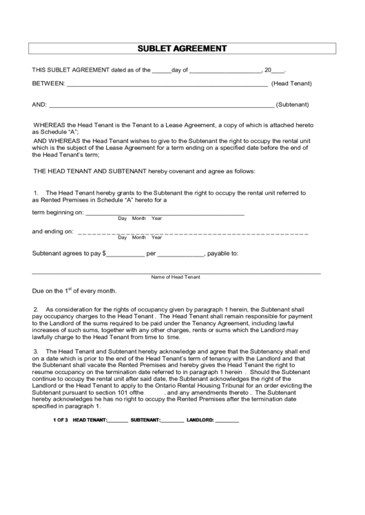 Sublet Agreement Printable pdf