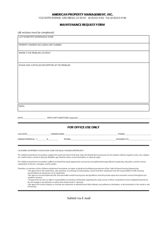 Fillable Maintenance Request Form Printable pdf
