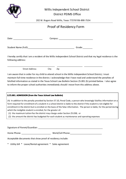 Fillable Proof Of Residency Form Printable pdf