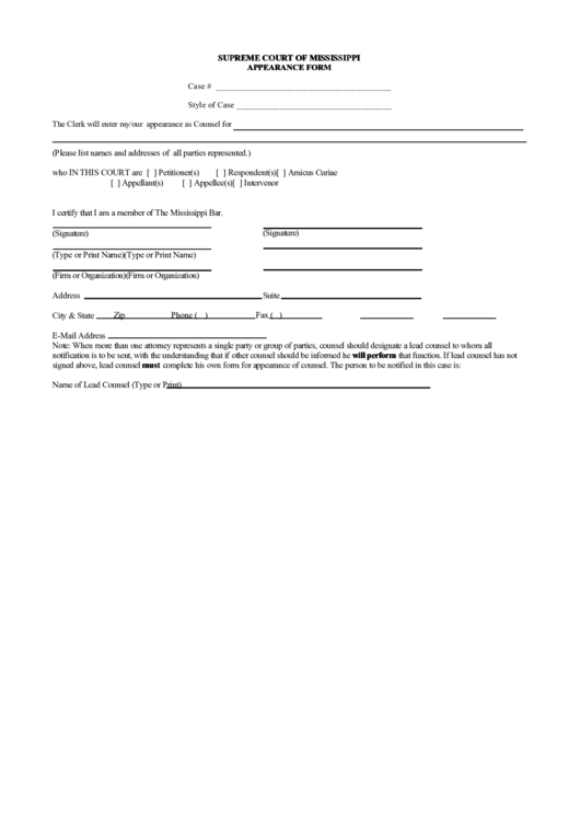 Supreme Court Of Mississippi Appearance Form Printable pdf