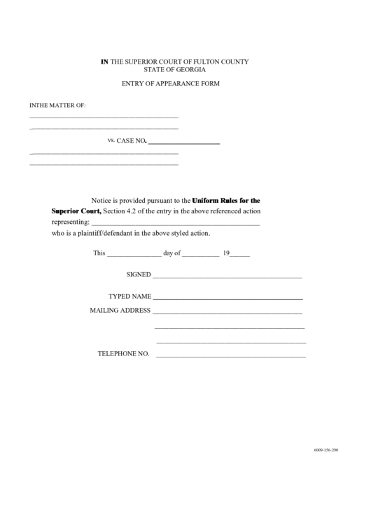 In The Superior Court Of Fulton County State Of Georgia Entry Of Appearance Form Printable pdf