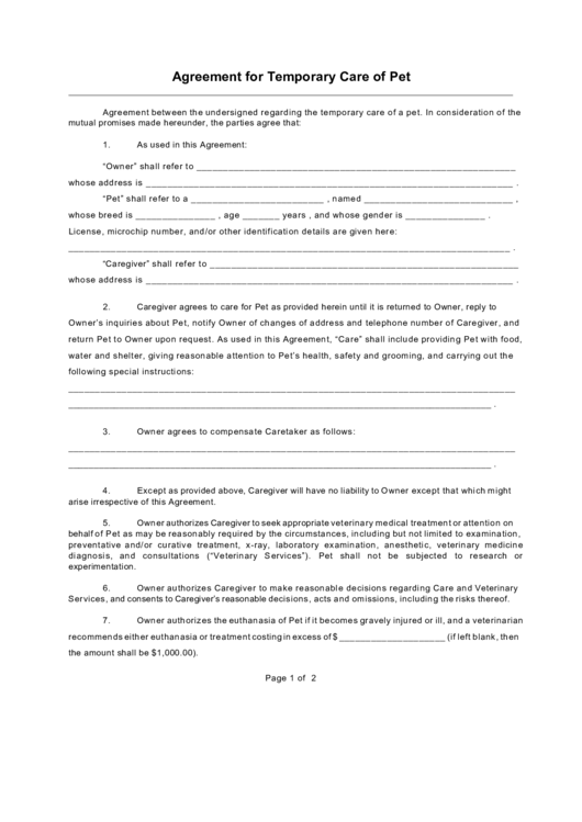 Agreement For Temporary Care Of Pet Printable pdf