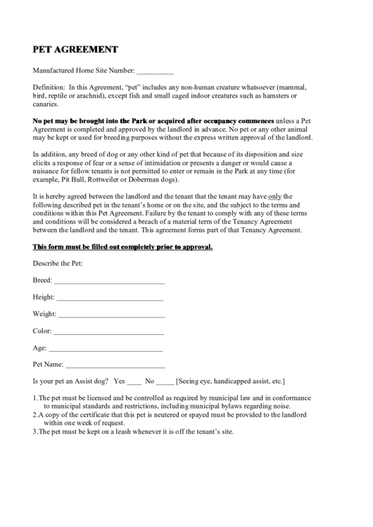 Pet Agreement Template Printable pdf