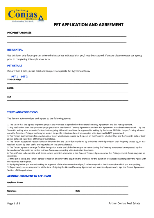 Pet Application And Agreement Template Printable pdf