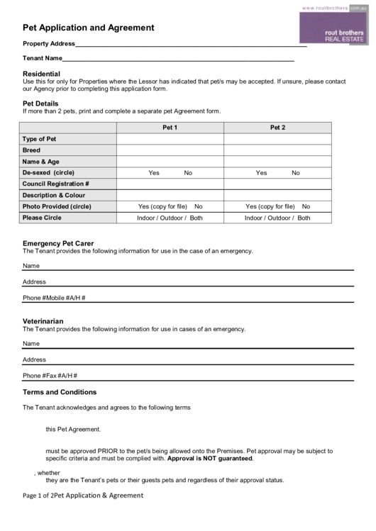 Pet Application And Agreement Template Printable pdf