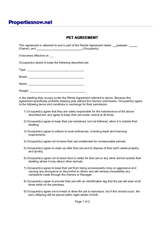 Pet Agreement Printable pdf
