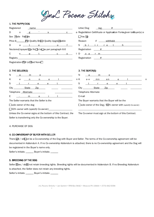 Puppy Contract Form Printable pdf