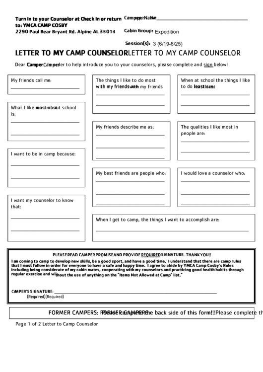 Ymca Camp Counselor Letter Activity Sheet Printable pdf